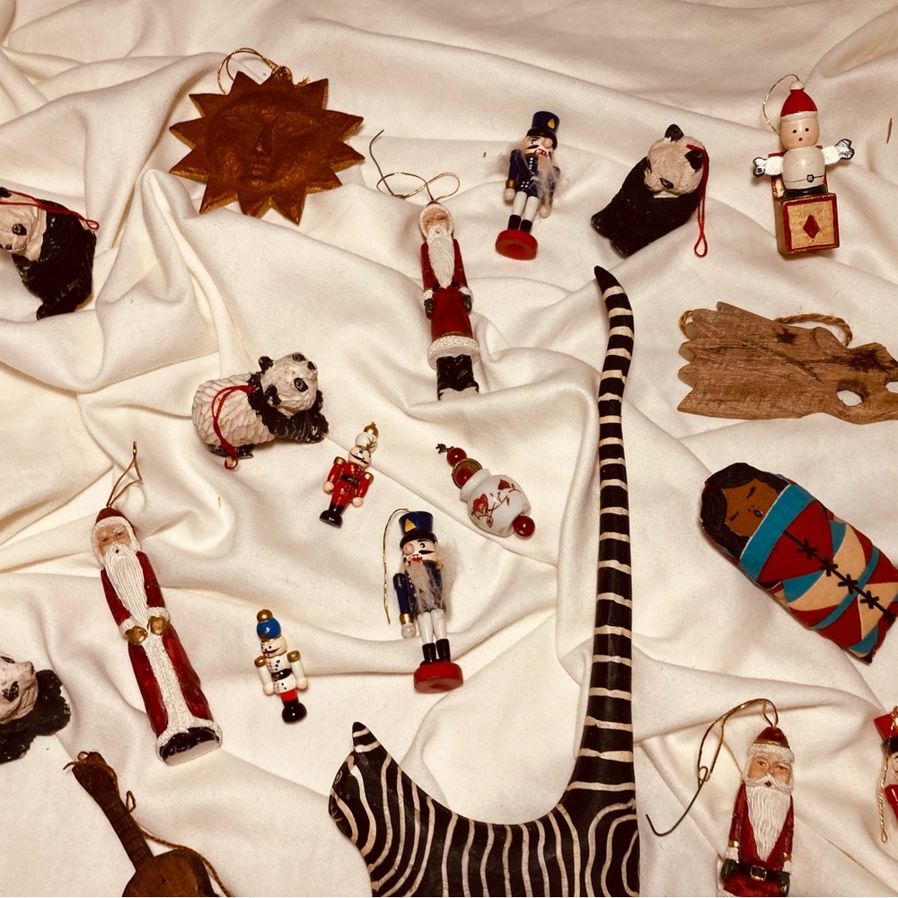Vintage collection of holiday decorations ornaments pandas Santa’s cats